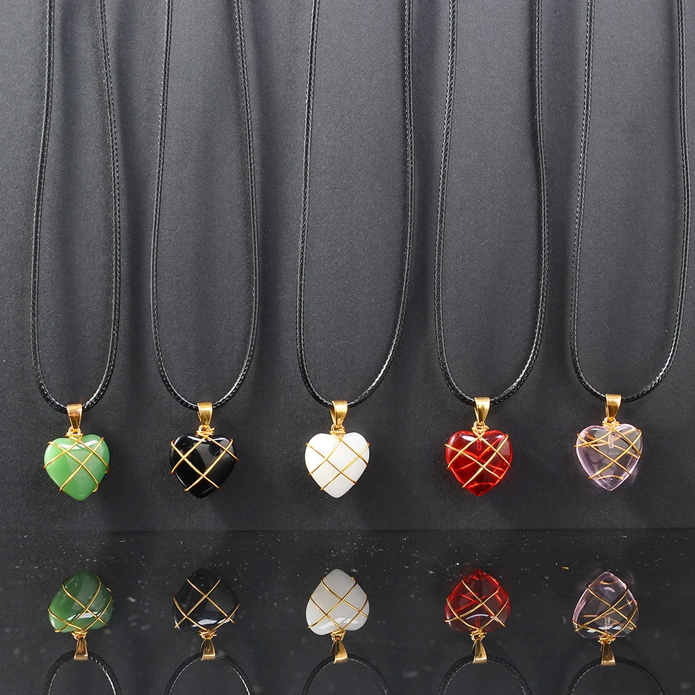 5pcs Natural Stone Necklace Healing Heart Pendant Set