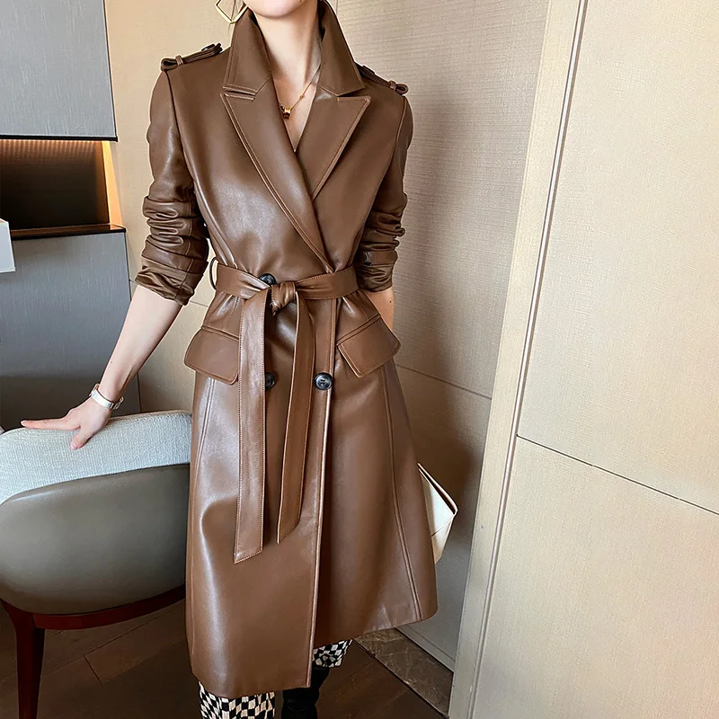 

2023 Women Real Leather Trench Coat Lady Genuine Sheepskin Long Coats Windbreaker Female Leather Overcoat CL4872