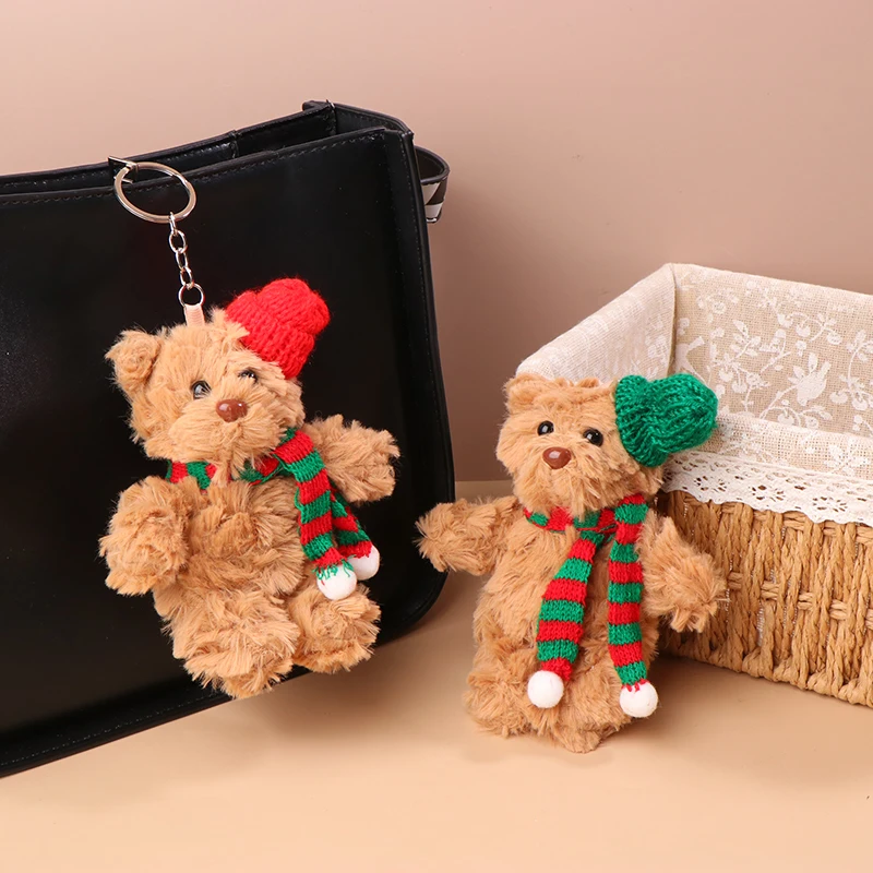 Urso de natal brinquedo de pelúcia dos desenhos animados urso chaveiro de pelúcia animal chaveiro bonito mochila pingente decoração presentes de natal