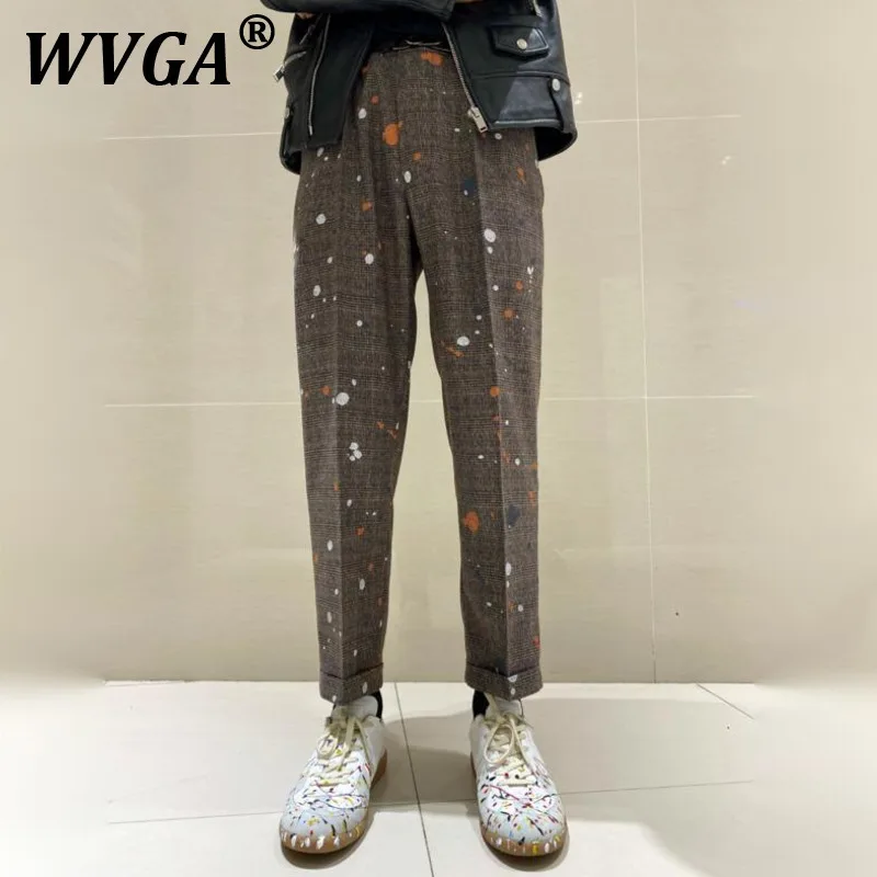 

WVGA Spring Summer Autumn New Man Tide Splash-Ink Plaid Design Fashion Niche Chic Casual Straight Suit Ninth Pants Ins Y2K W9561
