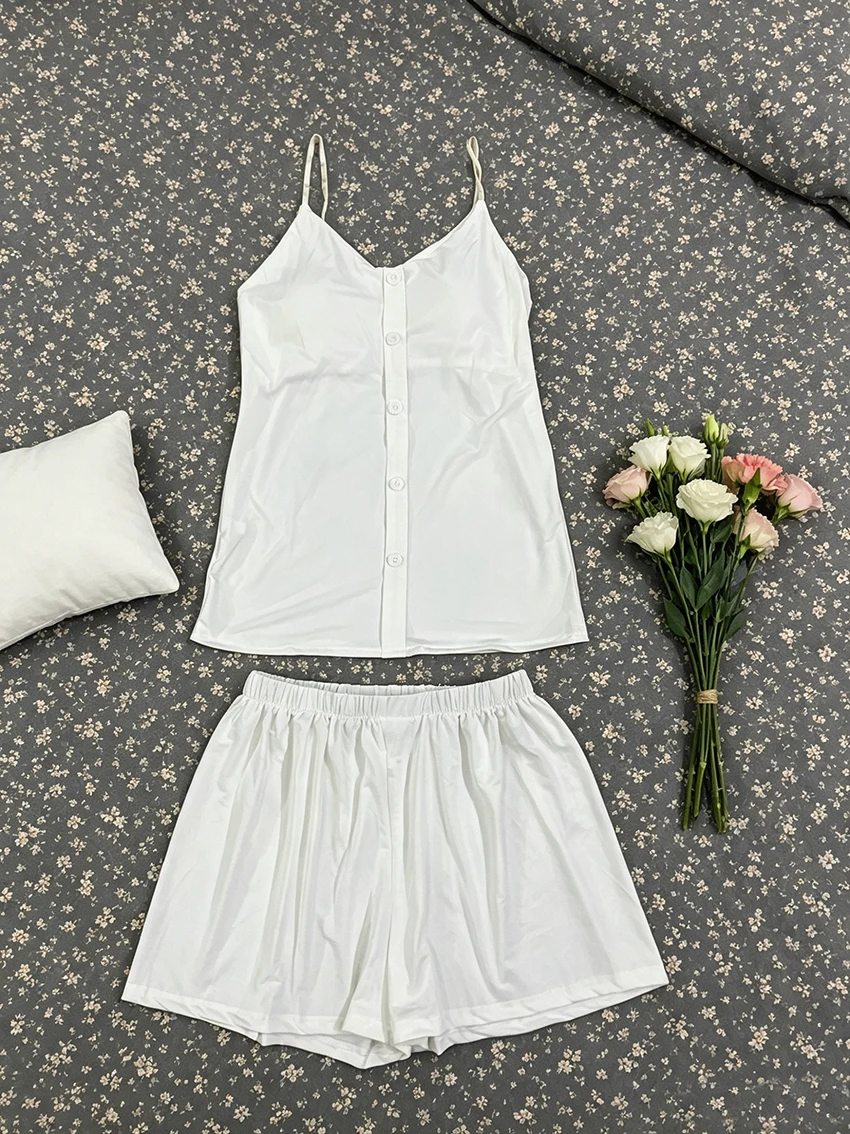Fashion Solid With Chest Cushion Button Strap Shorts Pajama Set Summer Classic Adjustable Home Slim Suit Two-piece Set For Woman