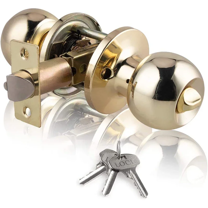 Polished Brass Door knobs with Lock and Key Interior Bedroom Door Lock with Key Privacy Ball Door Lock Adjustable Latch