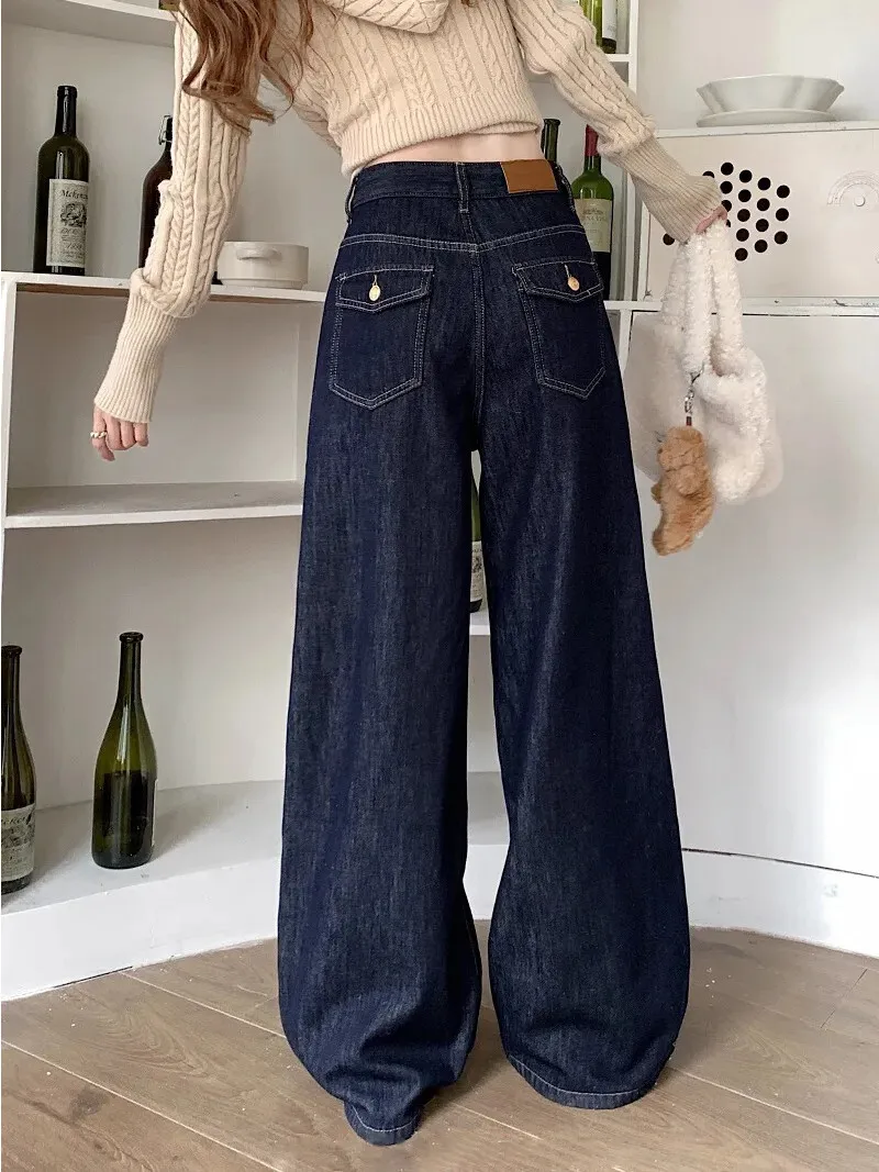 

Retro Deep Blue Wide Leg Jeans Women's Loose Straight Casual Trousers Floor-Length Pants High Waist Zipper Closure Color