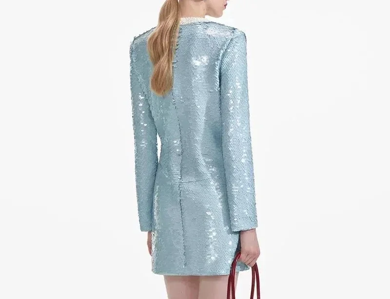 Women's Blue Sequined Diamonds Cystals High Quality New Fashion Style Long Sleeve Mini Dresses for Party Holiday