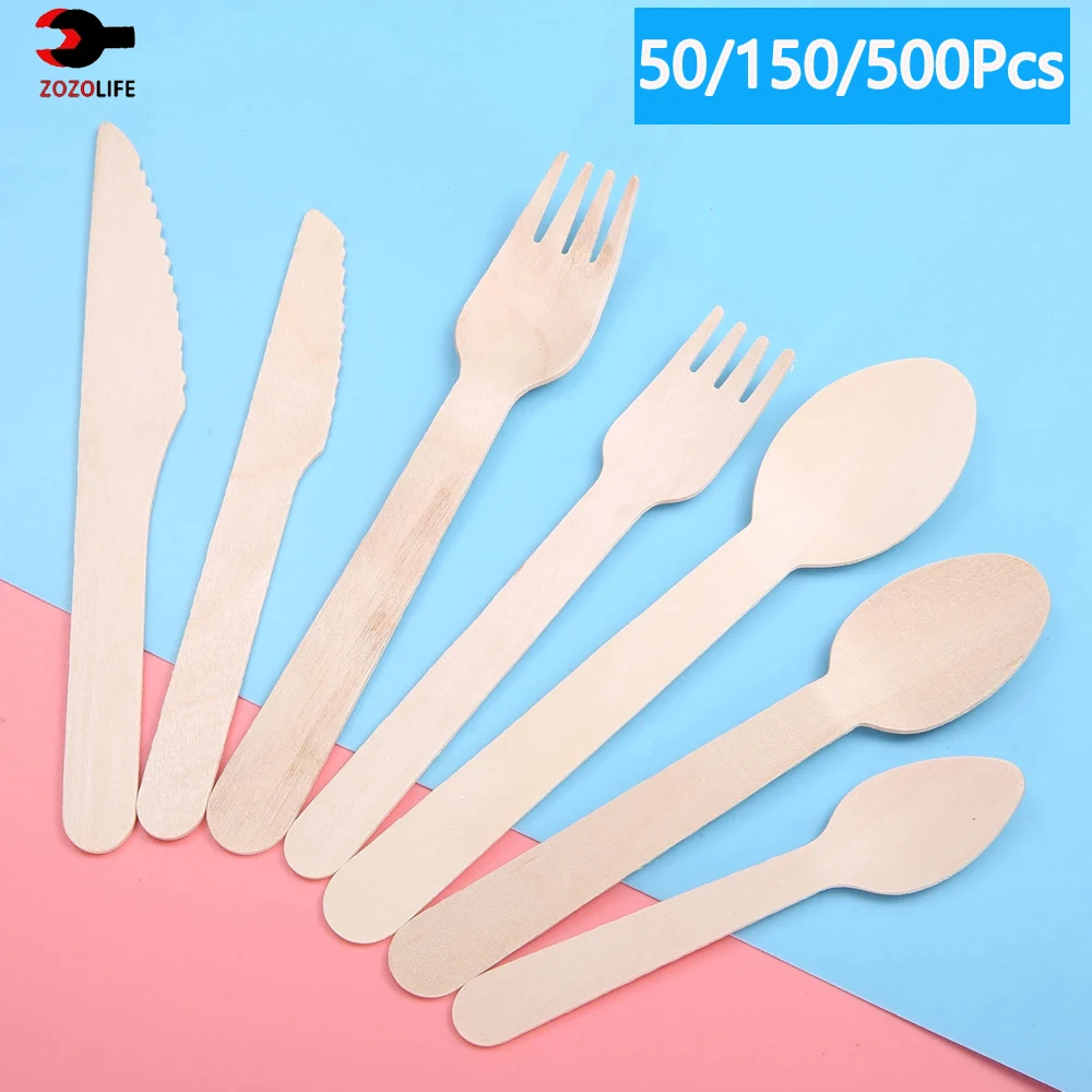 10/100/500Pcs Disposable Wooden Cutlery Forks/Spoons/Cutters Knife Party Picnic Supplies Kitchen Utensil Dessert Tableware 16cm