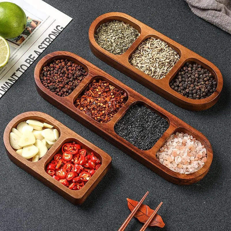 Plato de fruta de rejilla de madera de Acacia 2/3/4, plato de inmersión de madera maciza, barbacoa de desayuno de alta gama, plato de condimentos de olla caliente, plato de aperitivos