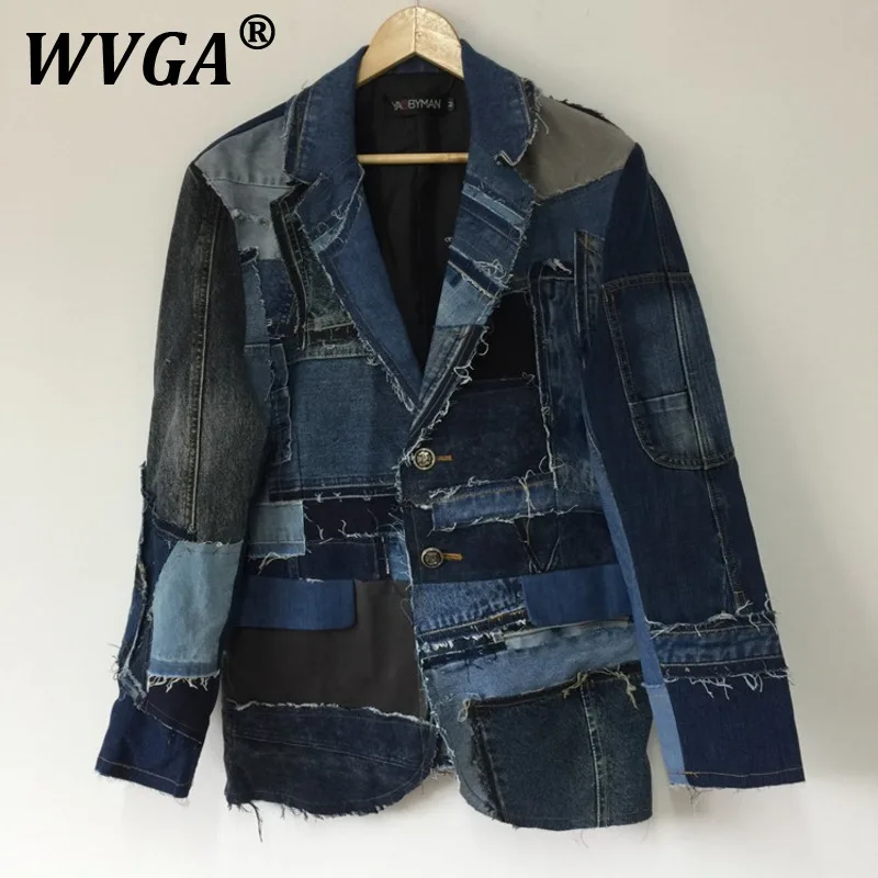 

WVGA Spring Autumn New Men's Tide High Street Splicing Style Heavy Design Trendy Blazer Niche Casual Denim Suit-Coats Ins W10584