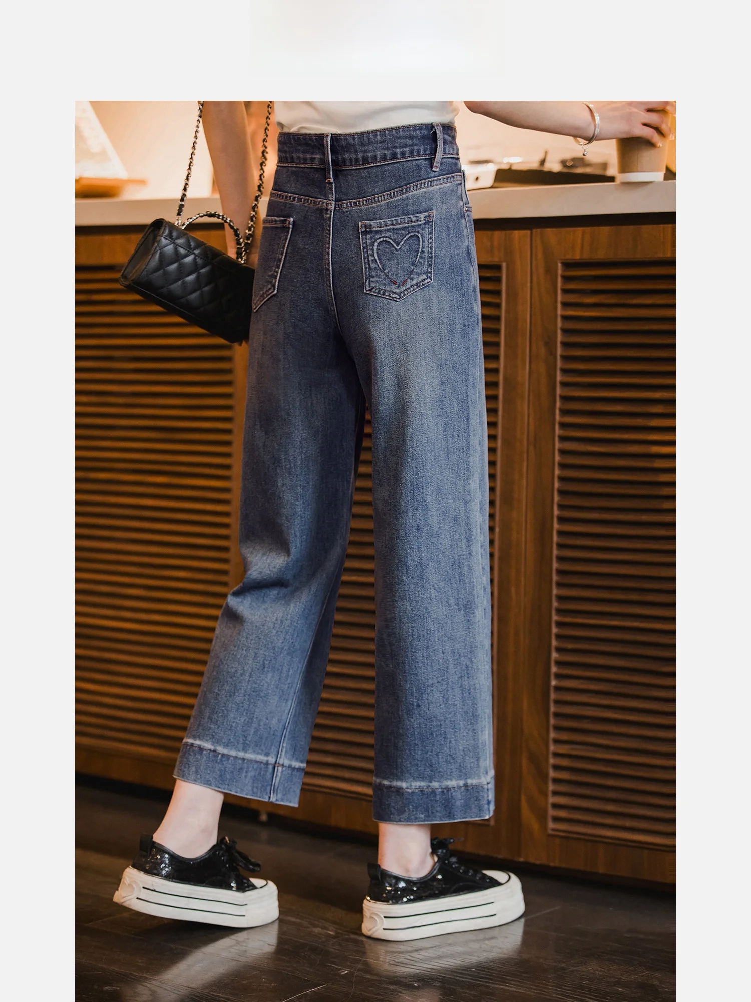 

Джинсы с высокой талией и прямым кроем, с узором в виде сердец, женские, маленький размер, весенние, синие, утягивающие, укороченные (длиной 7/8)