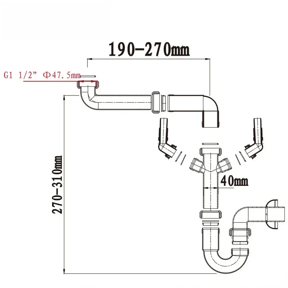 Kitchen Sink Drain Pipe 40mm PVC PP U-Bend Design Smell Proof Rear Drain For Cabinet Space Saving High Temp Resistant Drainage