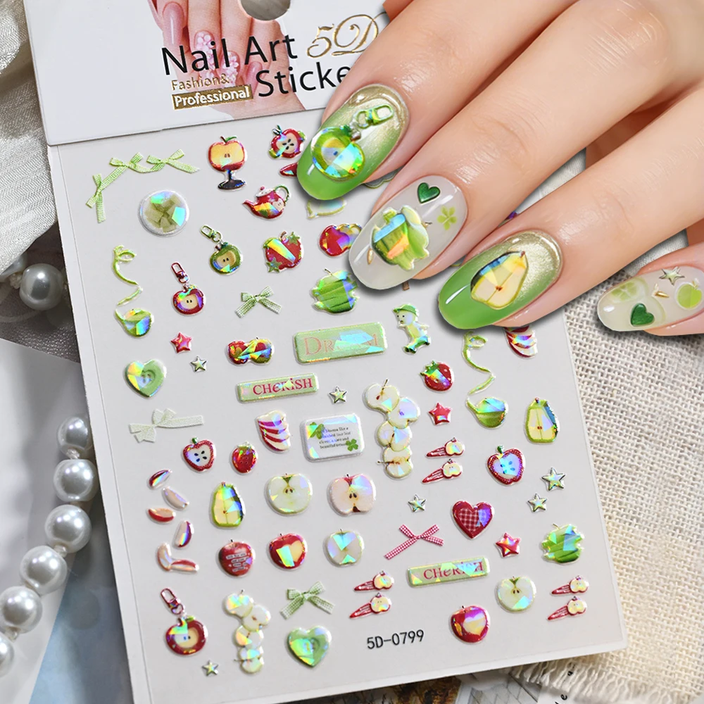 1pcs Laser Green/Red Apple Cute Nail Art Stickers Peeled Apple Pear Bow Star Y2K Nail Art Decals Colorful Fruit Manicure Sliders