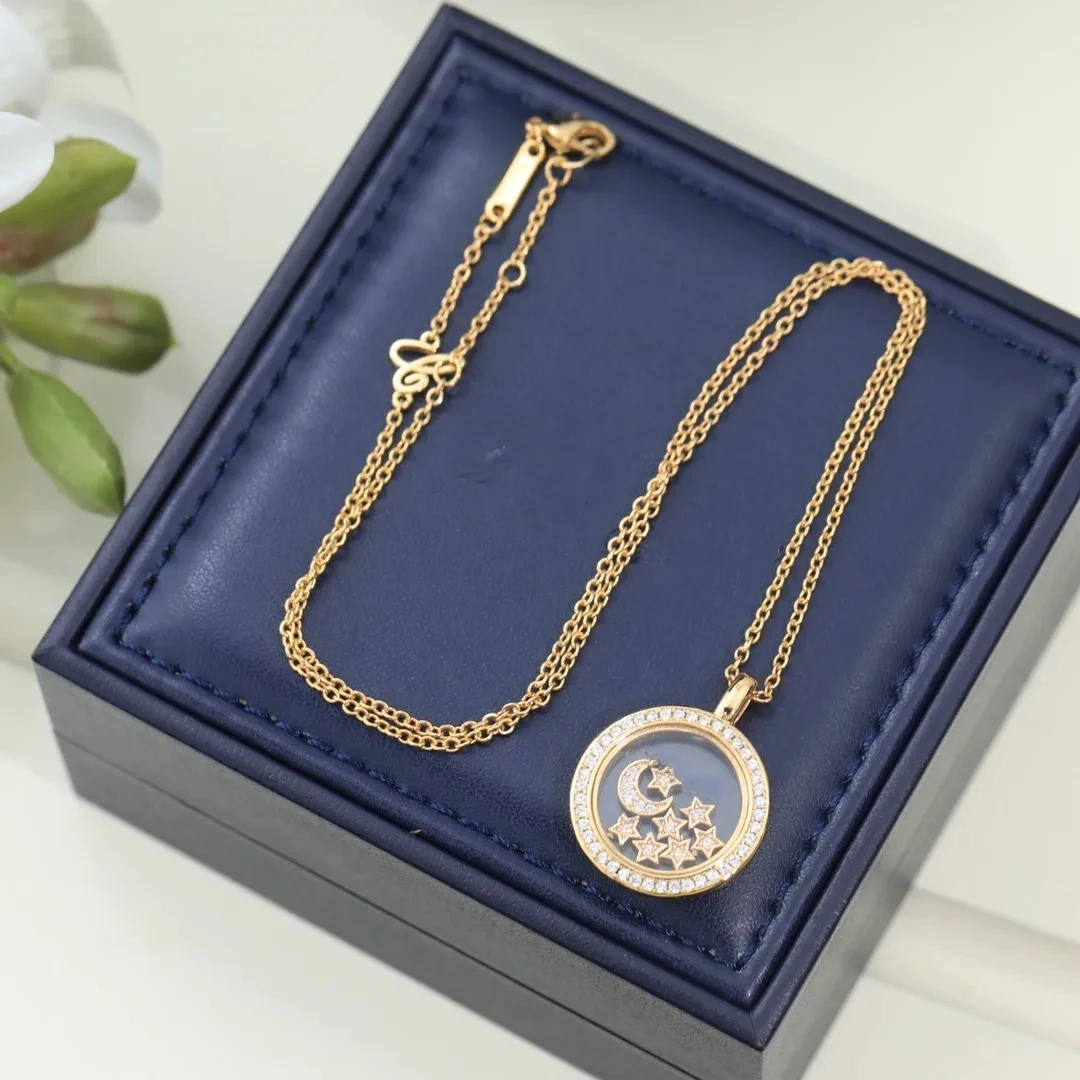 Romantic gift for girlfriend: Moon Star pendant necklace with zirconia inlaid diamonds, European luxury jewelry, free shipping