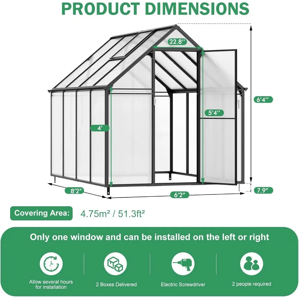 8.2x6.2 FT Greenhouse with Vent Window, Swing Door, Walk-in Green House, Aluminum Heavy Duty Polycarbonate Greenhouse