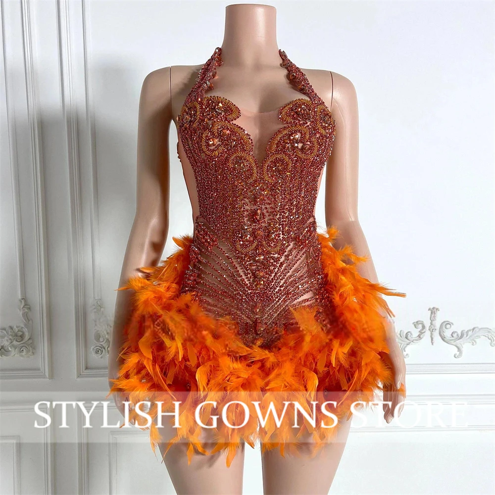 Shining Red Crystal Short Prom Dress For Black Girl Homecoming Senior Cocktail Dress Birthday Party Gown 2025 Feathers Customiz image 5