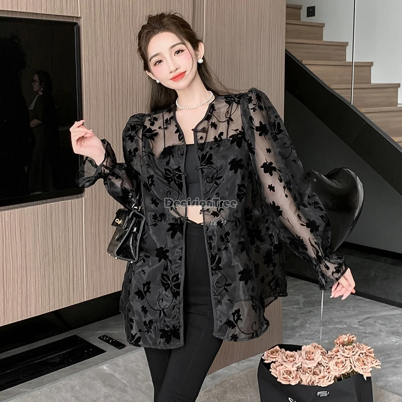 2024 chinese style sexy summer sunscreen top national solid color embroidery exquisite cardigan shirt loose gauze outerwear top