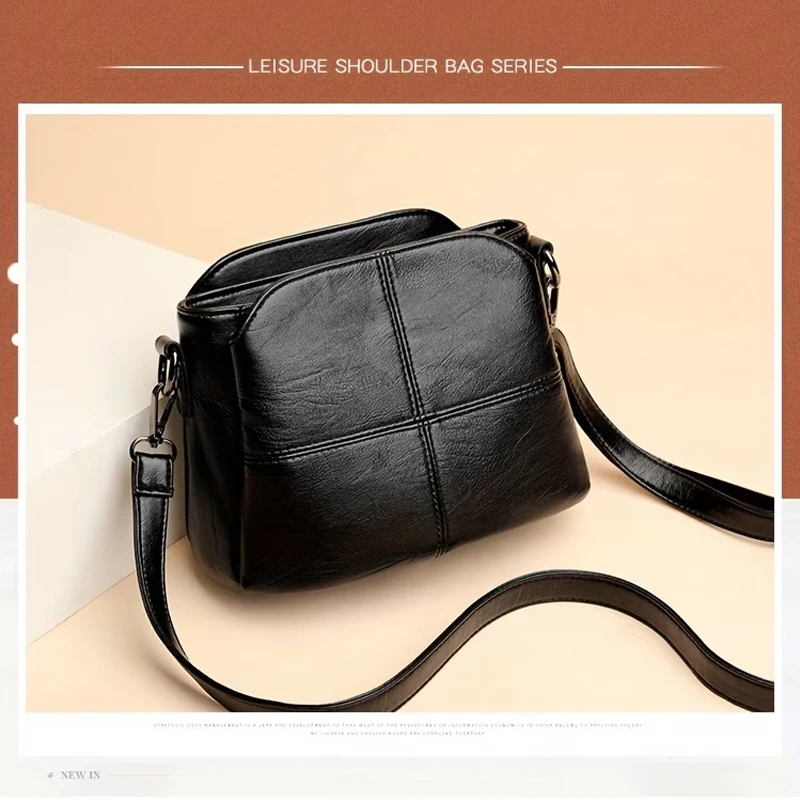 Damen-Umhängetasche im Vintage-Stil aus Kunstleder, lässige Alltagstasche, kleine Handtasche, mehrschichtiges Design mit Reißverschlussfächern, verstellbarer Riemen, leicht. – Detail 2