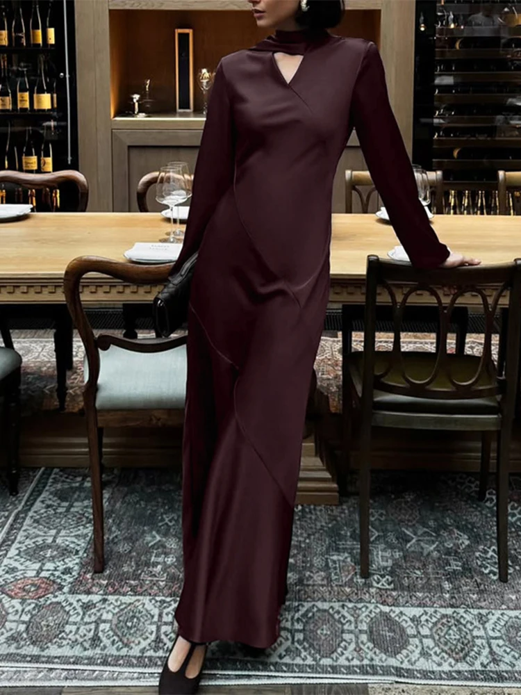 

Trendix Burgundy Elegant Maxi Dress For Women 2025 Autumn V Neck Long Sleeve Dresses Party Club Vintage Wine Red Long Dress New
