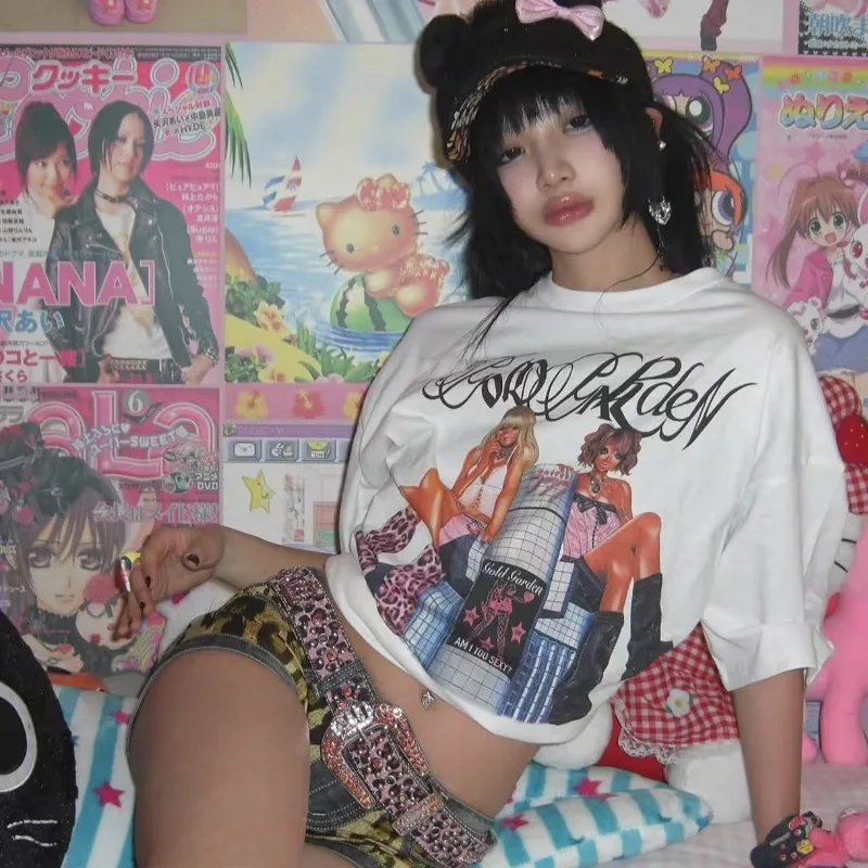 

Women's Loose T-shirts American Subculture Anime Printed Tshirt Retro Harajuku Hip-hop Casual Tees Female Street Hottie Tops
