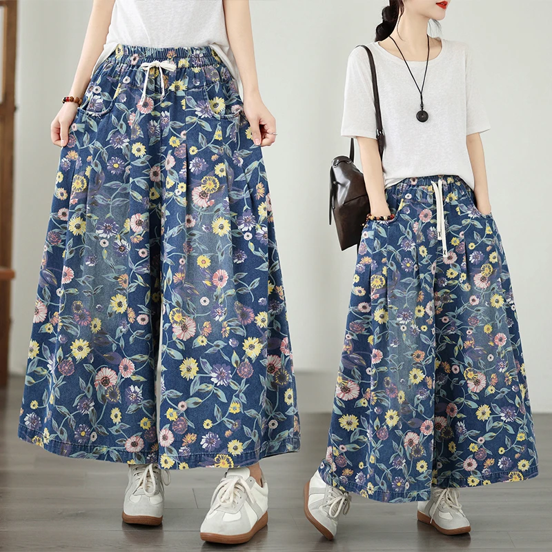 plus Size Floral Print Elastic Waist Wide Leg Jeans Casual Versatile Straight Cut Blue Denim Trousers High Waist Long Pants
