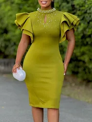 Women's new spring/summer fashion sexy lotus sleeve beaded party dinner dress trend dress