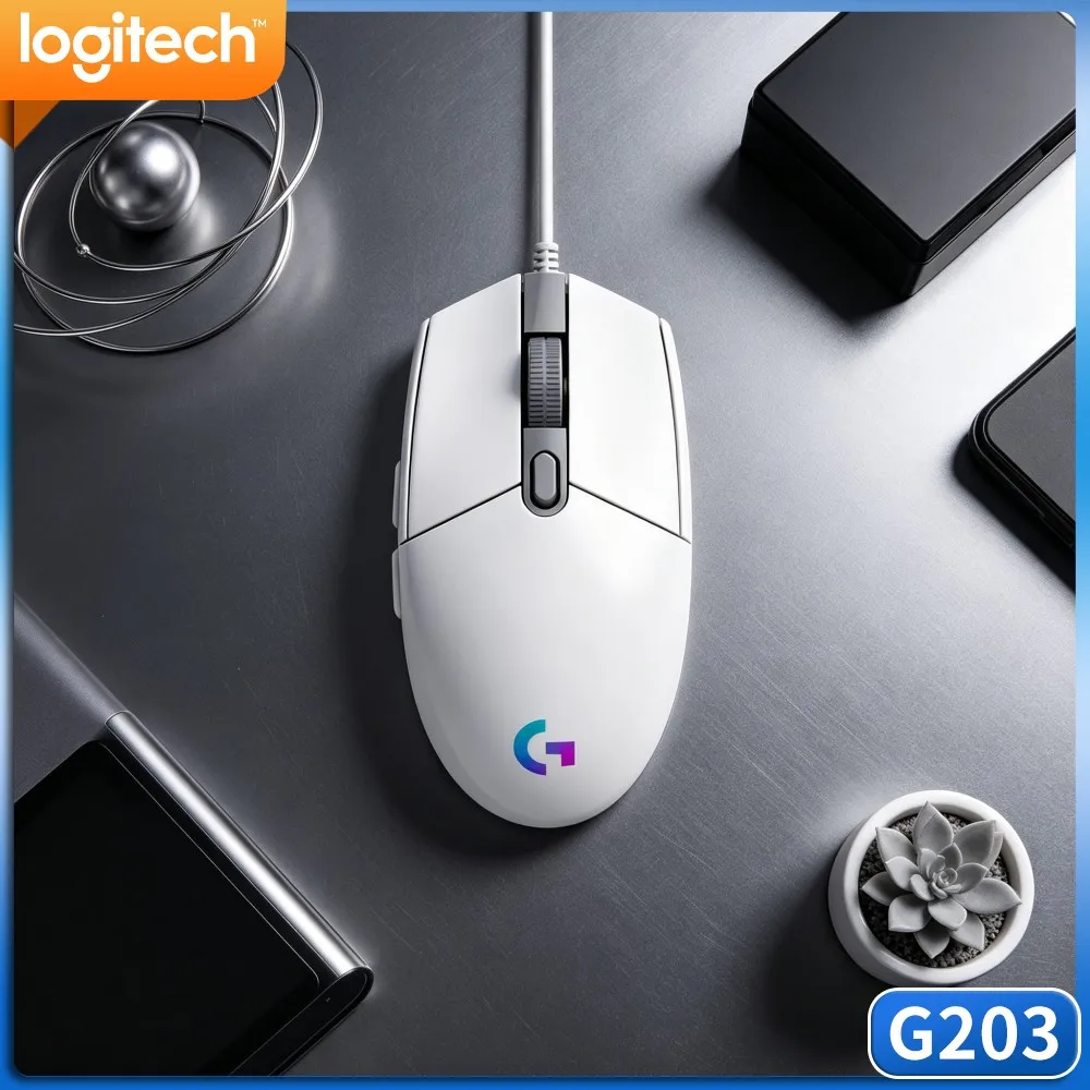 Mouse para jogos com fio Logitech G203, ergonômico, com ajuste RGB, almofadas antiderrapantes, USB para PC, laptop, trabalho diário