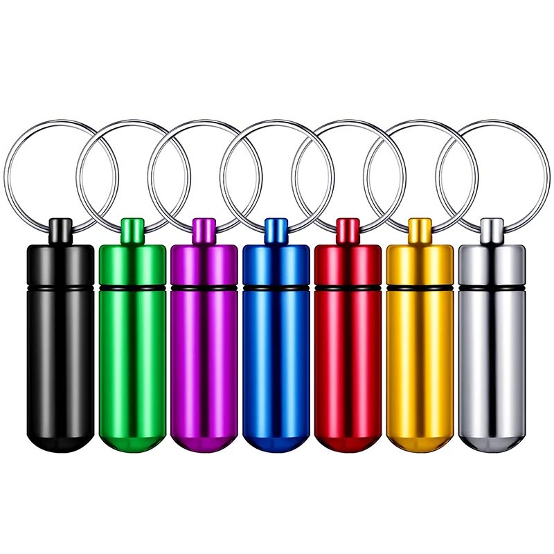 Portátil impermeável alumínio pílula caso, titulares pílula, armazenamento de metal pílula recipiente, chaveiro para acampamento ao ar livre viajando, 7pcs