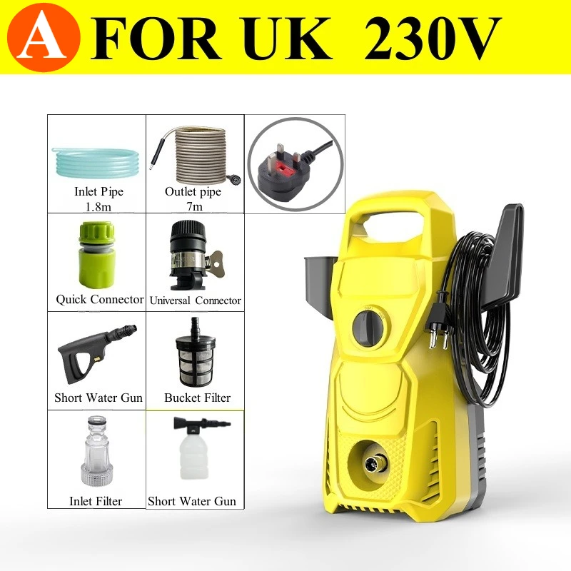Para o reino unido 230v padrão inglês lavagem de carro elétrico jardim pistola água spray limpador energia lavadora mangueira carretel canhão espuma incluído