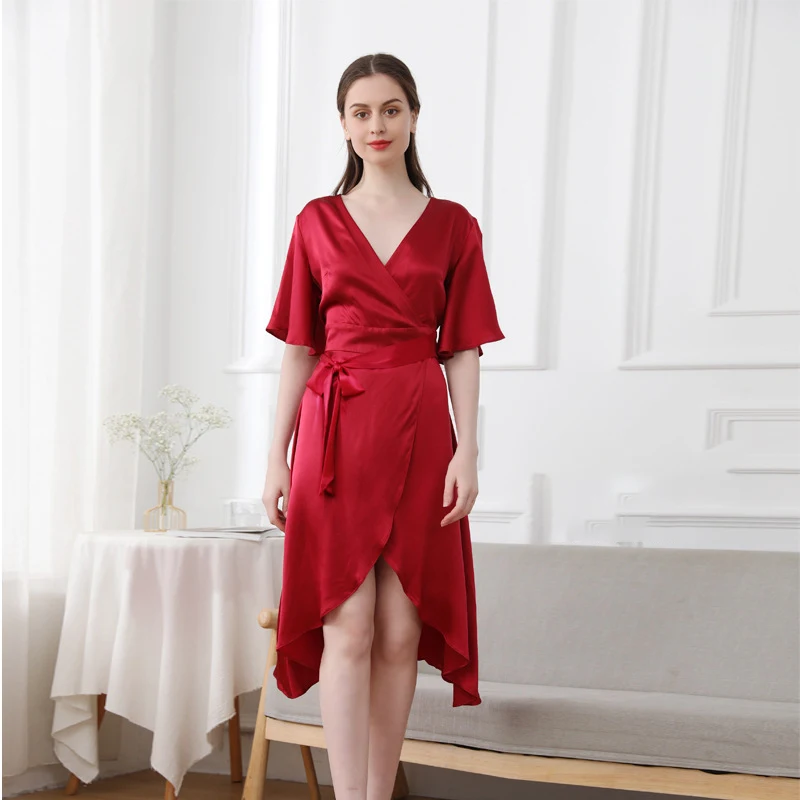 

100% Mulberry Silk Dress Women's Summer Solid Lotus Leaf Edges Slimming Dresss Simple Temperament Elegant 2026 New Clothing