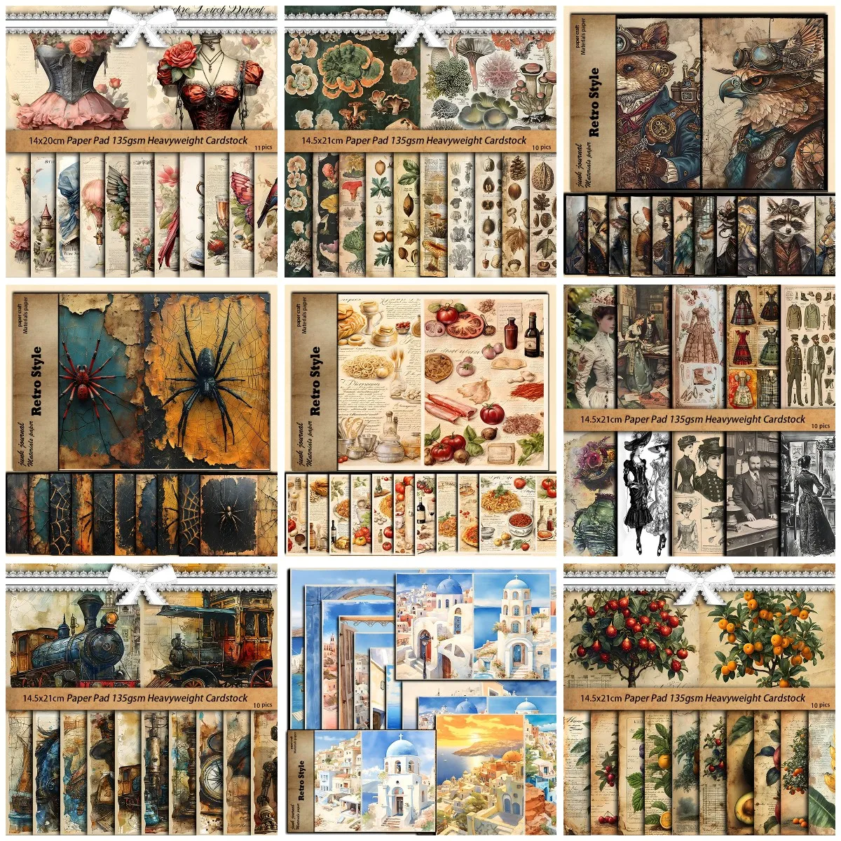 10 pagine di libri giallasti con motivo stagionale vintage su sarto, 10 fogli di materiale, carta, forniture per diario spazzatura fatte a mano