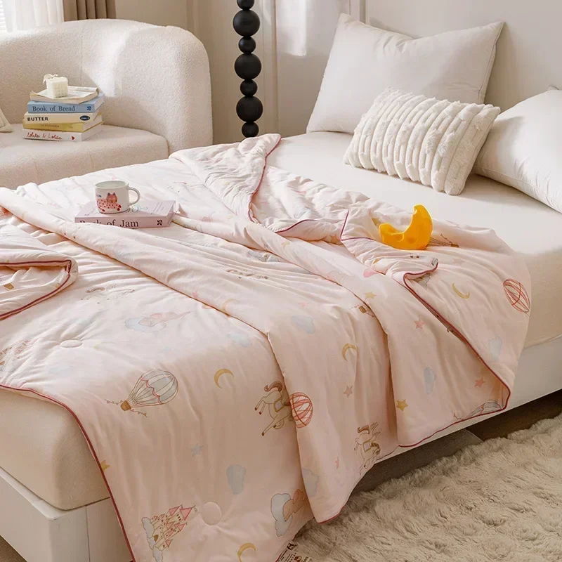Cartoon Printed Cooling Summer Blanket Soft Comfortable Breathable Air Conditioner Comforters Natural Plant Fabric Thin Quilt