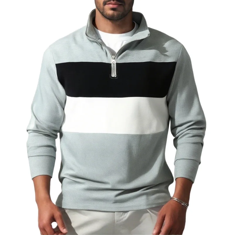 Autumn Retro Color Matching Men's Long-sleeved Shirt Zipper Loose Jumper Polo Shirt