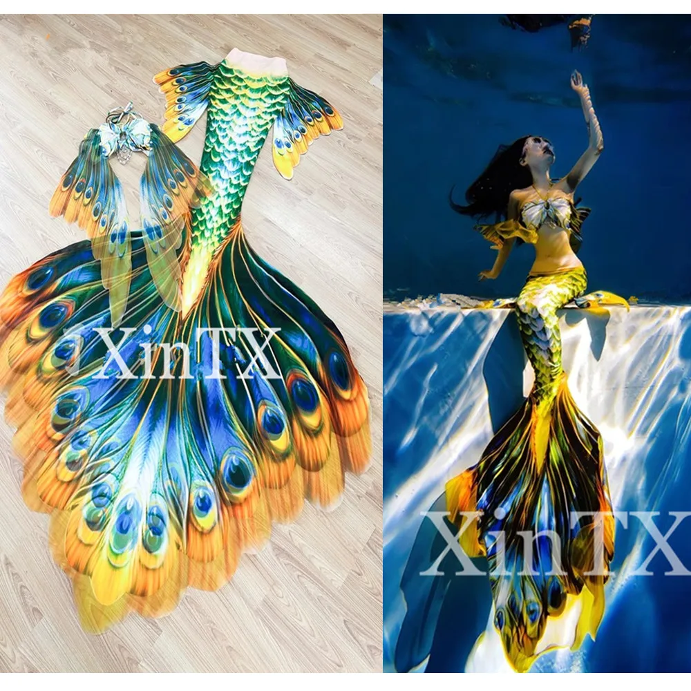 Beautiful Big Mermaid Tail Peacocks Soul Swimmable Tail with Printing Yarn No Monofin For Free Diving Model Photoshooting Suit