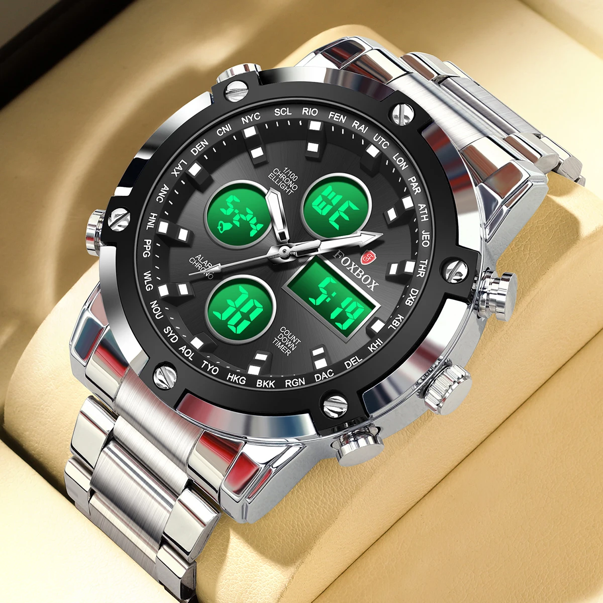 FOXBOX electronic men's watch LED dual display quartz wristwatch fashion luxury alarm clock multi-function casual reloj hommes
