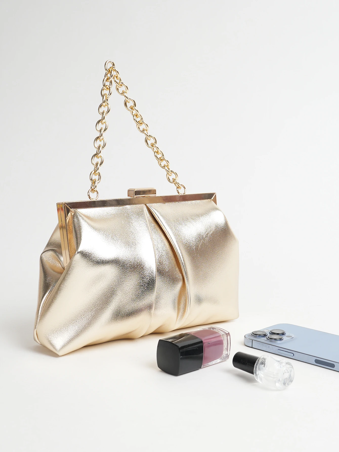 1 Stück Elegante Abendtasche aus Metallic-PU-Leder mit Falten und Kiss-Lock-Verschluss, Glänzender Metallkettenhalter-Rahmen, Crossbody-Clutch-Tasche – Detail 14