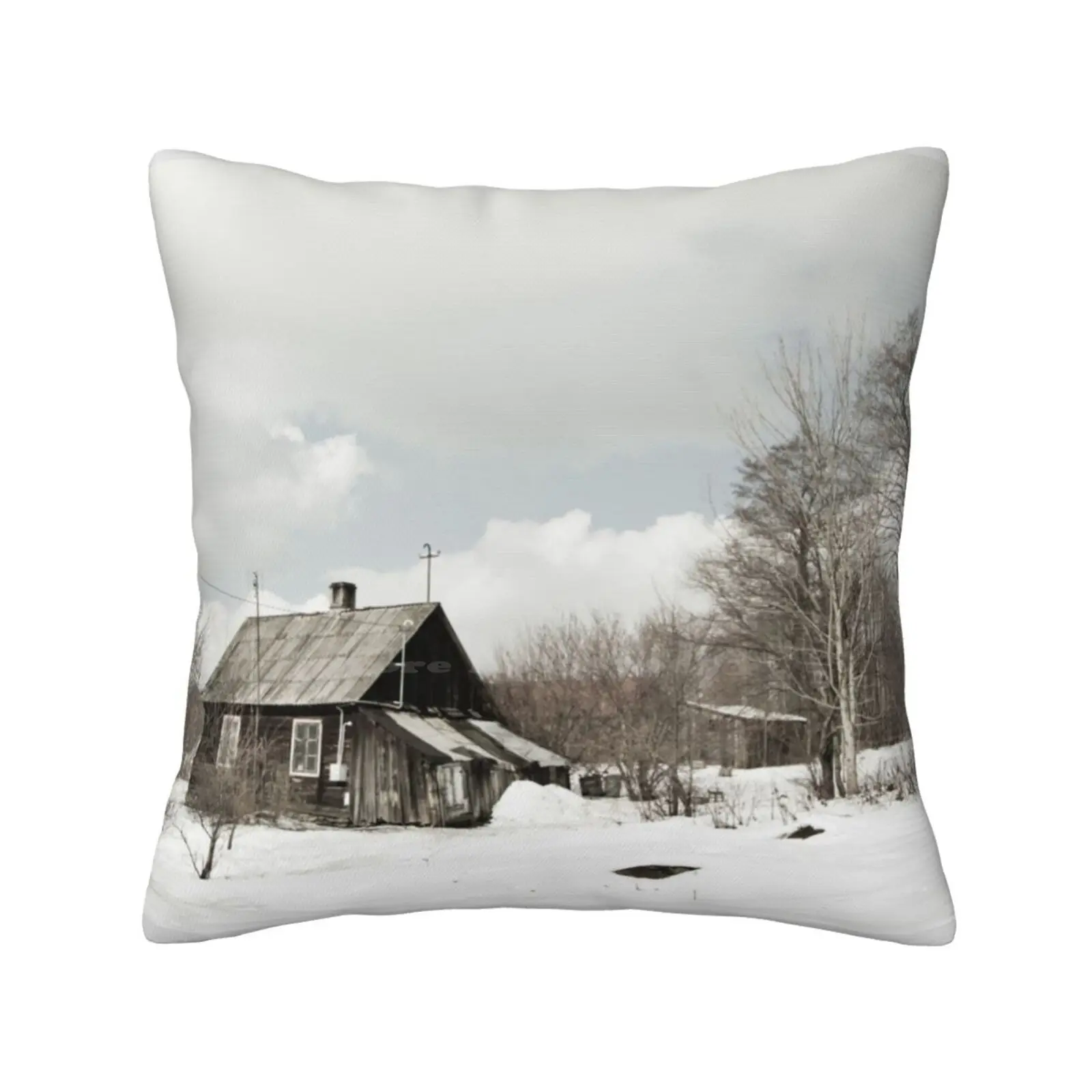 Dilapidated Wooden House Cottage In Winter Soft Comfortable Pillowcase Abandoned Architecture Building Cloudy Cottage