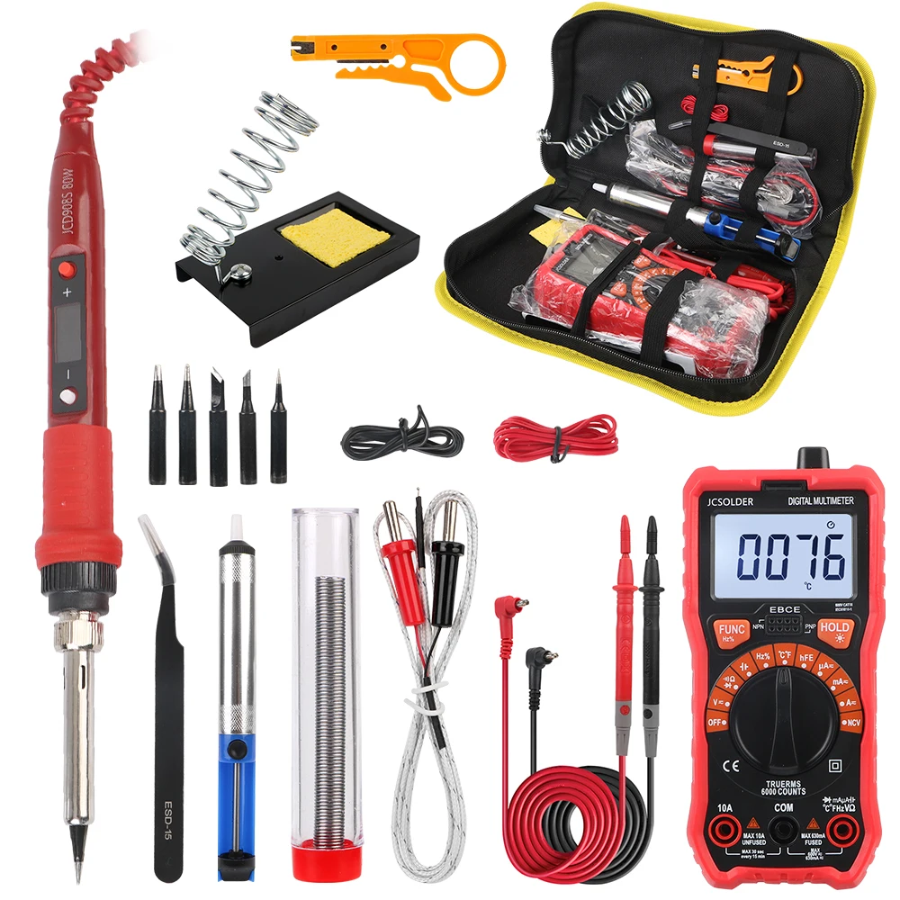 

220V EU Soldering Iron Tool Kit Temperature Adjustable Repair Tool 80W Replaceable Tip Desoldering Pump Multimeter LCD Display