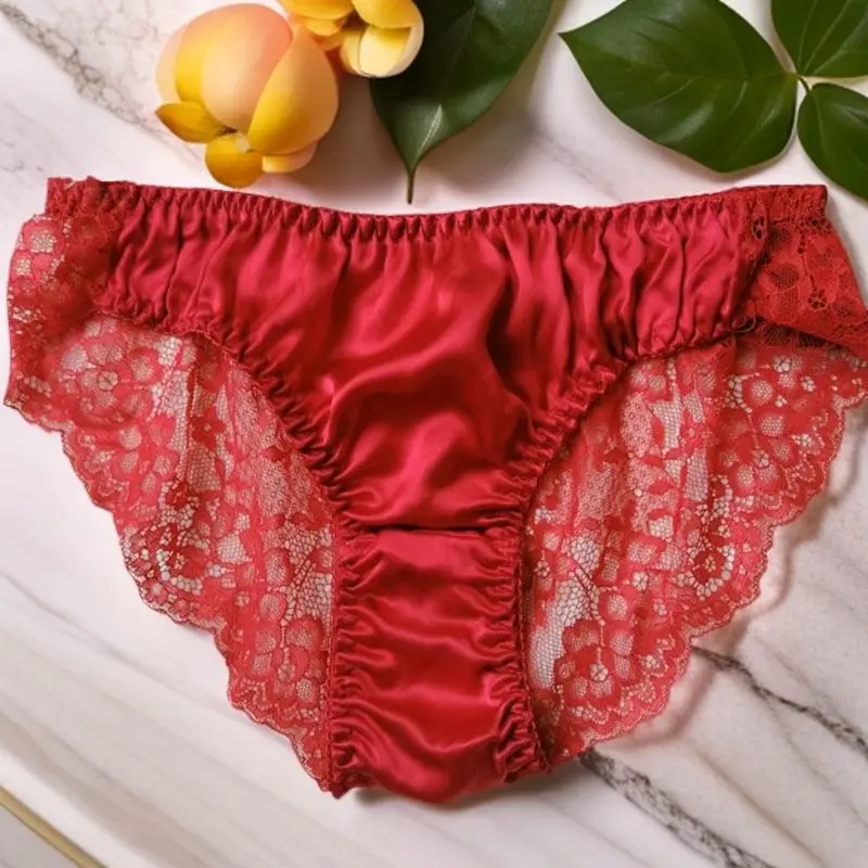 

Sexy Mulberry Silk Underwear Women's Lace Middle Waist Silk Briefs Semi transparent Comfortable Soft Sissy Party Panties