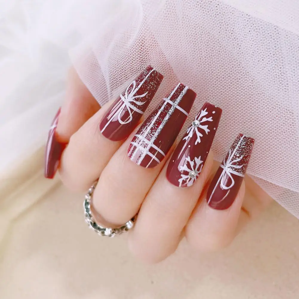 Faux Nails 1 Set Excellent Harmless Red Color  Full Cover Artificial Stick on Type Long Nails Decor for Female