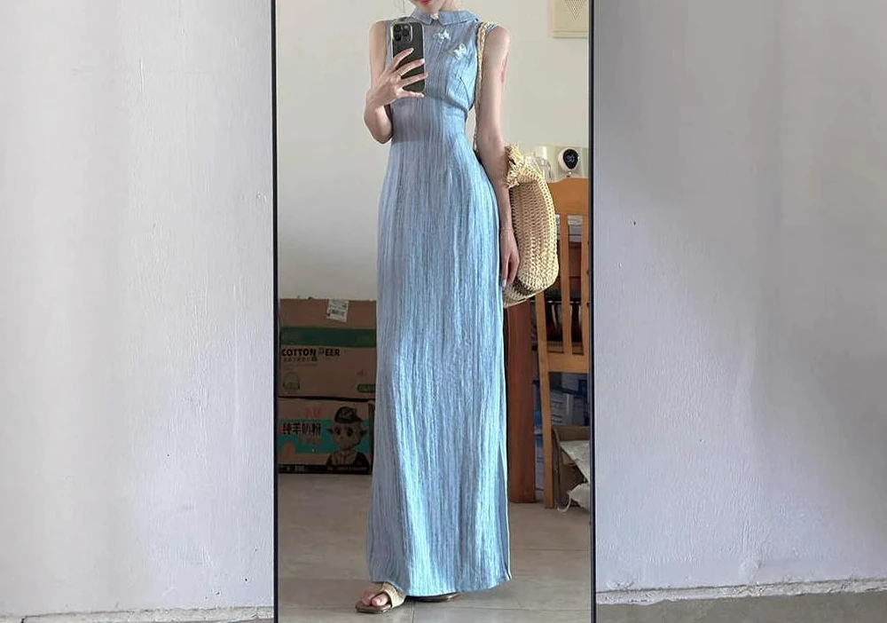 

Retro Style Dress Children's Design Sense New Chinese Style Sleeveless Striped Long Dress Summer