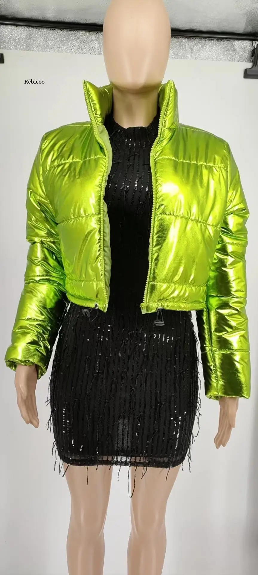 Fashion Cute Women Bright Pu Puffer Jacket Winter Warm Bubble Coats Shiny Leather Parkas Down Zipper Cropped Jackets Parkas