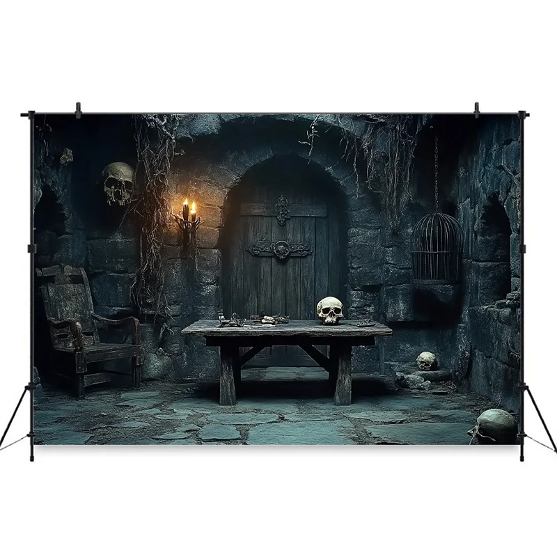 Mocsicka Spooky Dungeon Stone Room Halloween Photography Backdrop Vintage Door Skull Dark Castle Basement Photo Background Decor