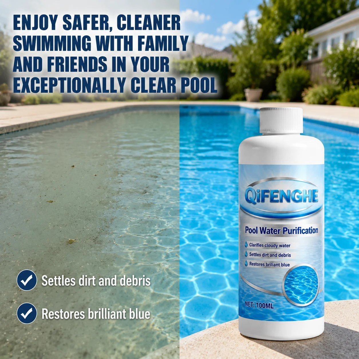 Fast Acting Pool Clarifier for Swimming Pools and Hot Tubs Clears Cloudy Murky Water Restores Brilliant Blue 100ml