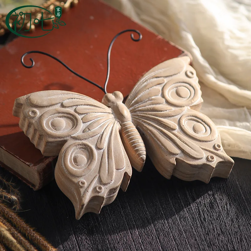 Vintage handmade carved butterfly statue,rural wood grain wall decoration,home accessories,Christmas scene decoration props