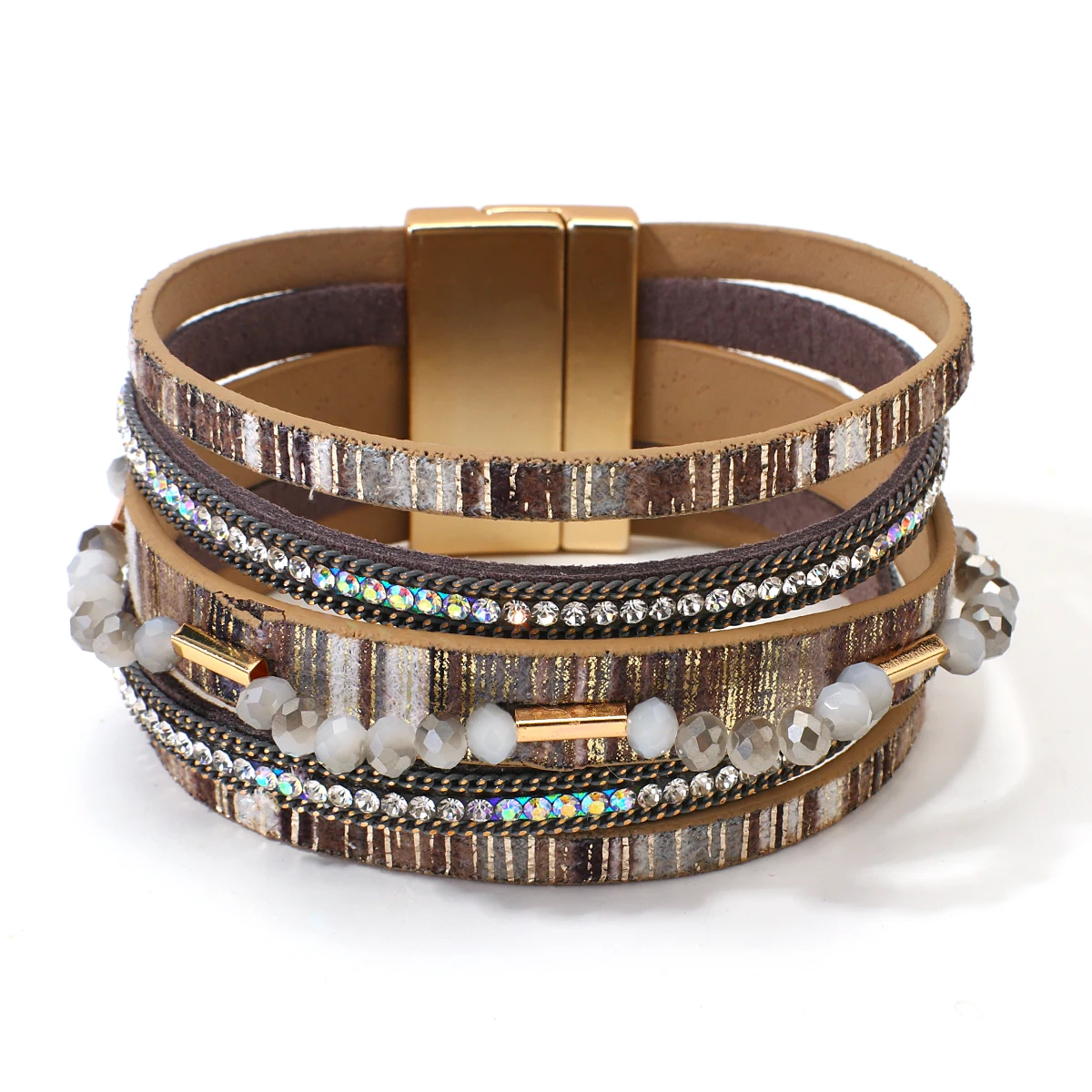 

Amorcome Bohemian Vintage Leather Bracelets For Women Charm Crystal Beads Grey Stripes Multilayer Wrap Bracelet Fashion Jewelry