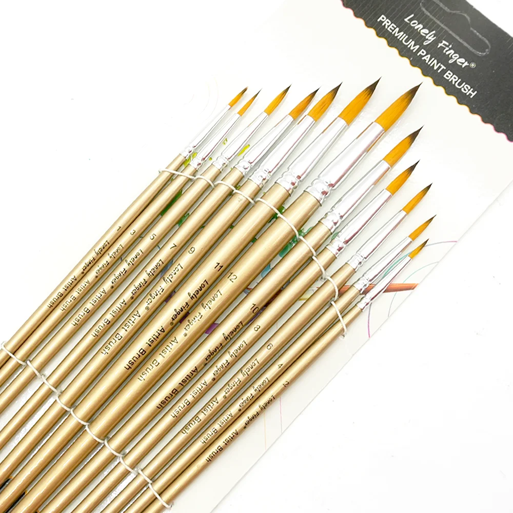12pcs Round Tip Nylon Hair Artist Paintbrushes for Acrylic Watercolor Oil Ink Canvas Painting, Face Body Nail Art, Model, Rock