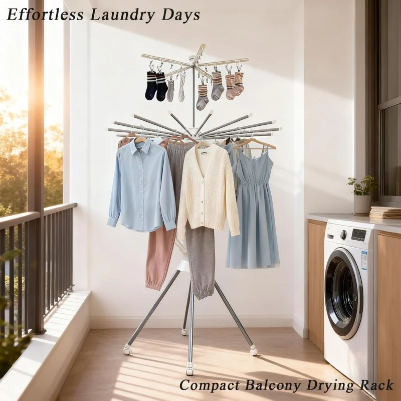 Three Tier Foldable Octopus Drying Rack Carbon Steel 16 Legs with Wheels Space Saving Clothes Hanger for Indoor Outdoor Use