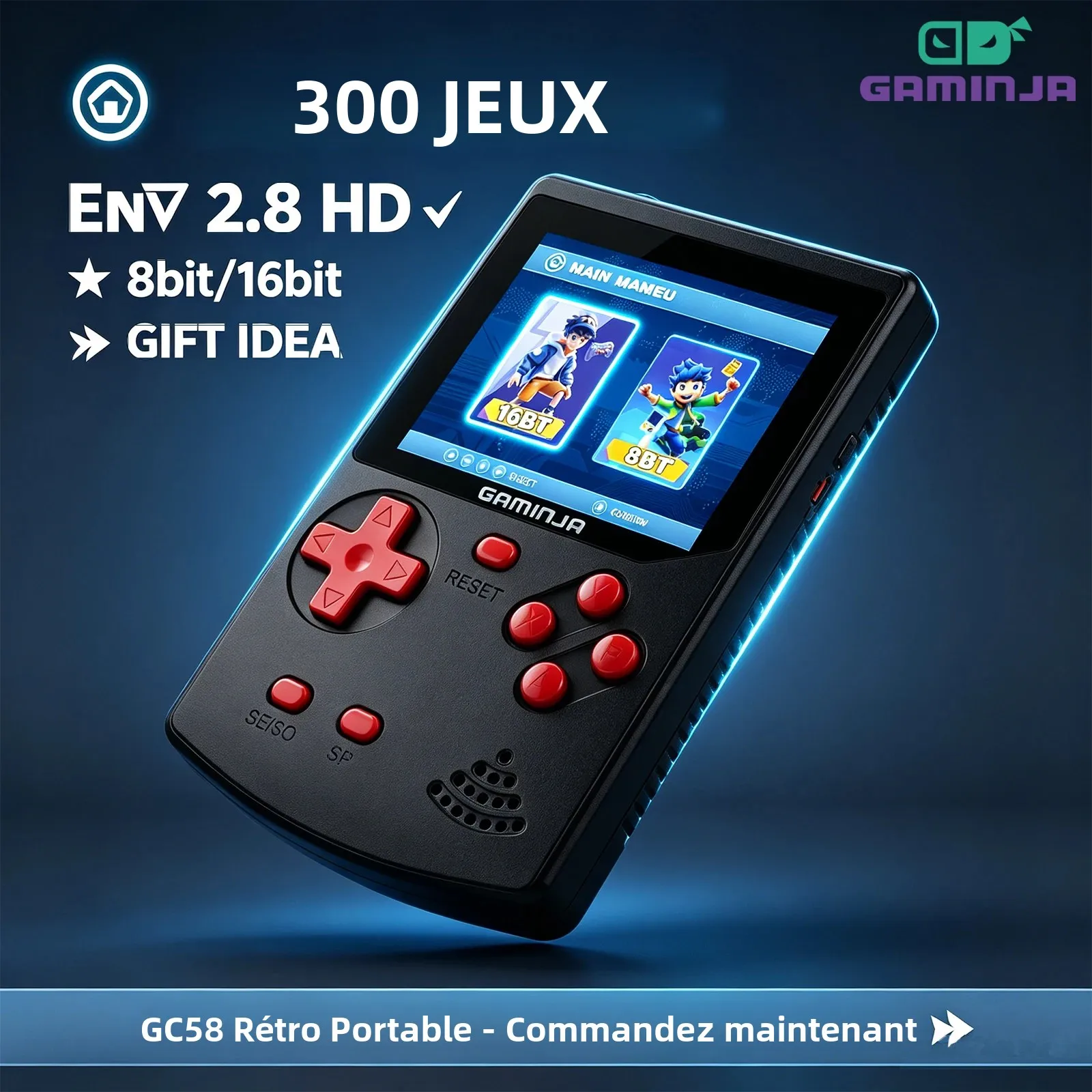 Console de jeu portable GAMINJA, 300 jeux classiques 8 bits/16 bits, écran HD 2,8 pouces, mini console de jeu vidéo rétro, cadeau pour la nostalgie