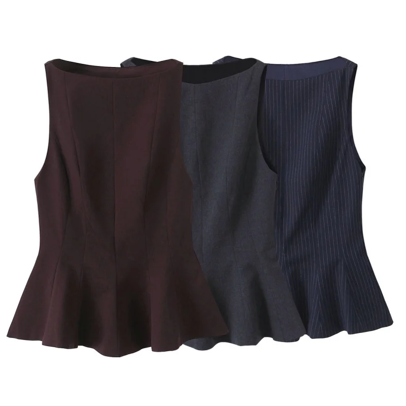 

Summer Solid Color O-Neck Sleeveless Ruffled Hem Layered Vest Tops Women Zipper Decoration Slimming Tops Female Casual Wear 2025