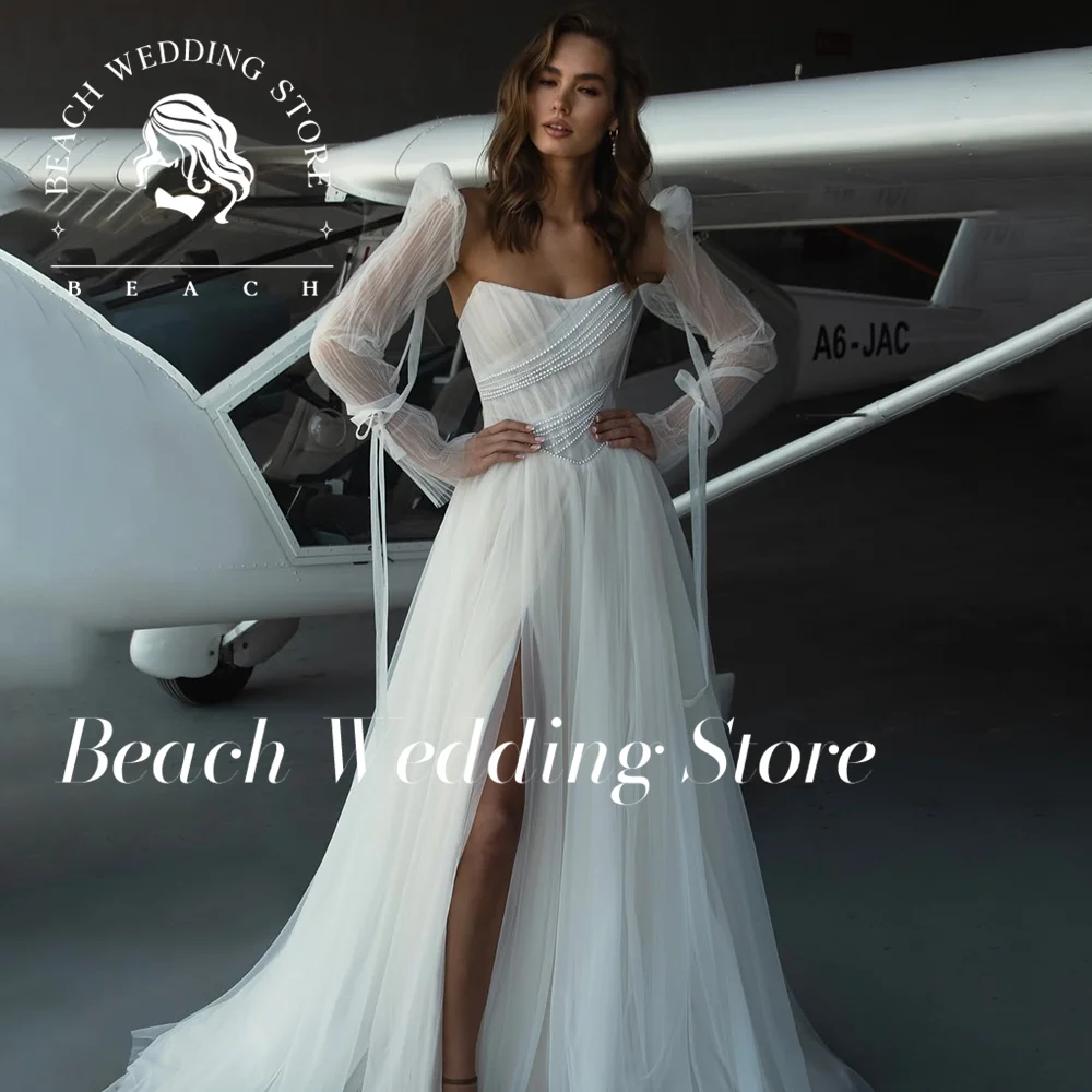 

Beach Tulle Long Sleeves Strapless Backless Floor Length Simple Elegant Wedding Dresses for Women 2025 Bridal Gowns Customized