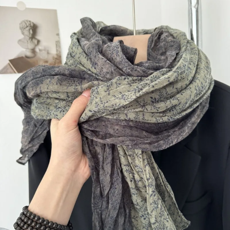 

Spring and Autumn Floral Versatile Soft Color Matching Linen Scarf Temperament Versatile Mori Cotton and Linen Gradual