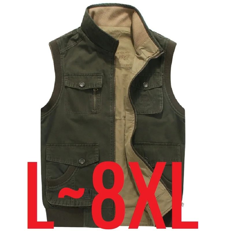 

Men's Vest Sleeveless Jacket Plus Big Size Waistcoat Male Double Sided Large 5XL 7XL 8XL Cotton Many Pocket Unloading Work Wear